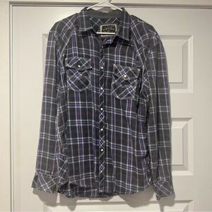 BKE Men's Dark Plaid Button-Up Vintage Shirt with Snap Buttons